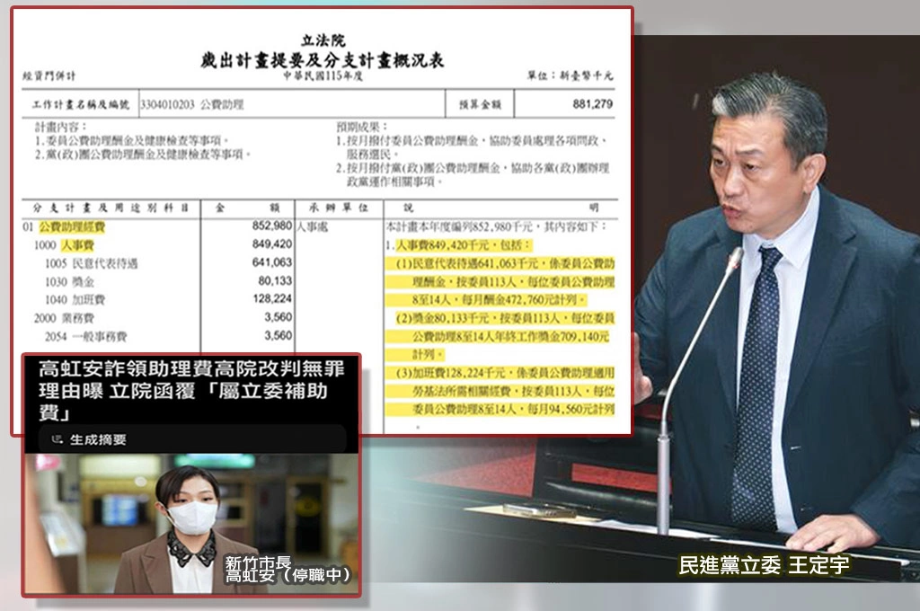 高虹安二審貪汙改無罪...高院指立院函覆助理費本質是補助...王定宇痛批：韓國瑜的立院包庇犯罪而作偽證
