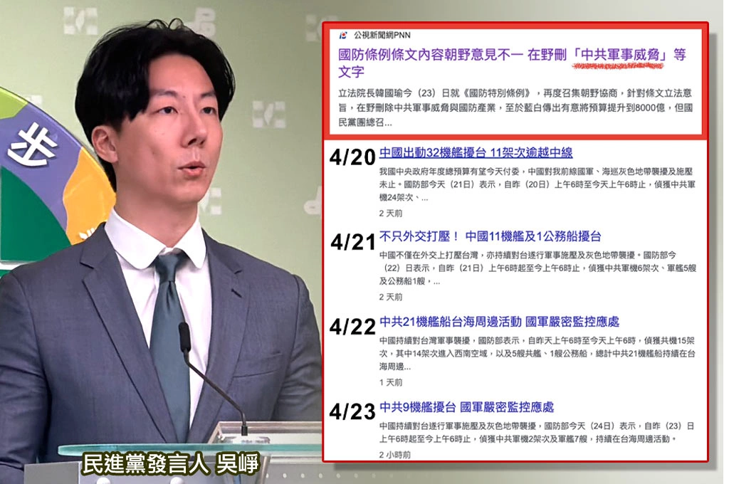 藍刪國防條例「中共軍事威脅」文字...吳崢酸「這樣不挑釁可以過了吧」：如果還不行就是在幫中共拖時間！