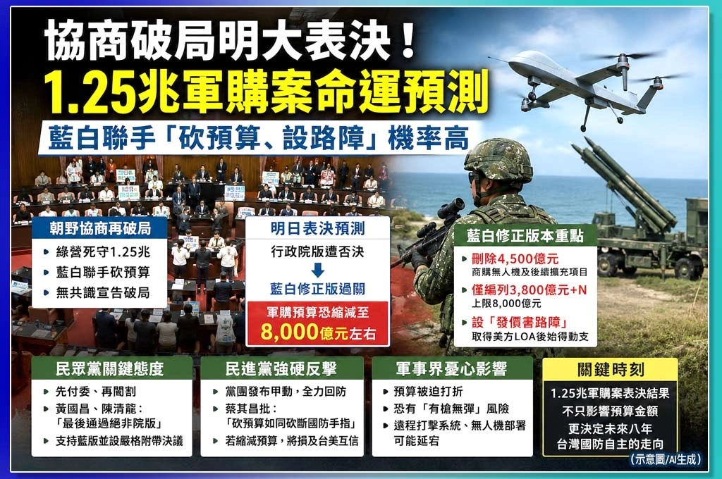 協商破局明大表決！1.25兆軍購案命運預測：藍白聯手「砍預算、設路障」機率高