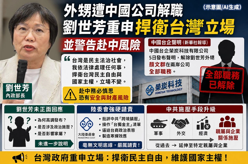 外甥遭中國公司解職　劉世芳重申「捍衛台灣立場」　並警告赴中風險