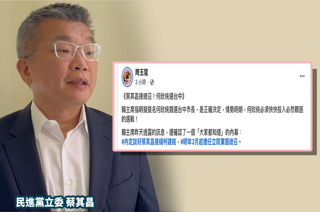 賴清德點名「中央協助」...周玉蔻爆「內定蔡其昌明年二月接總召」！本人親回：沒有談任何位置啦