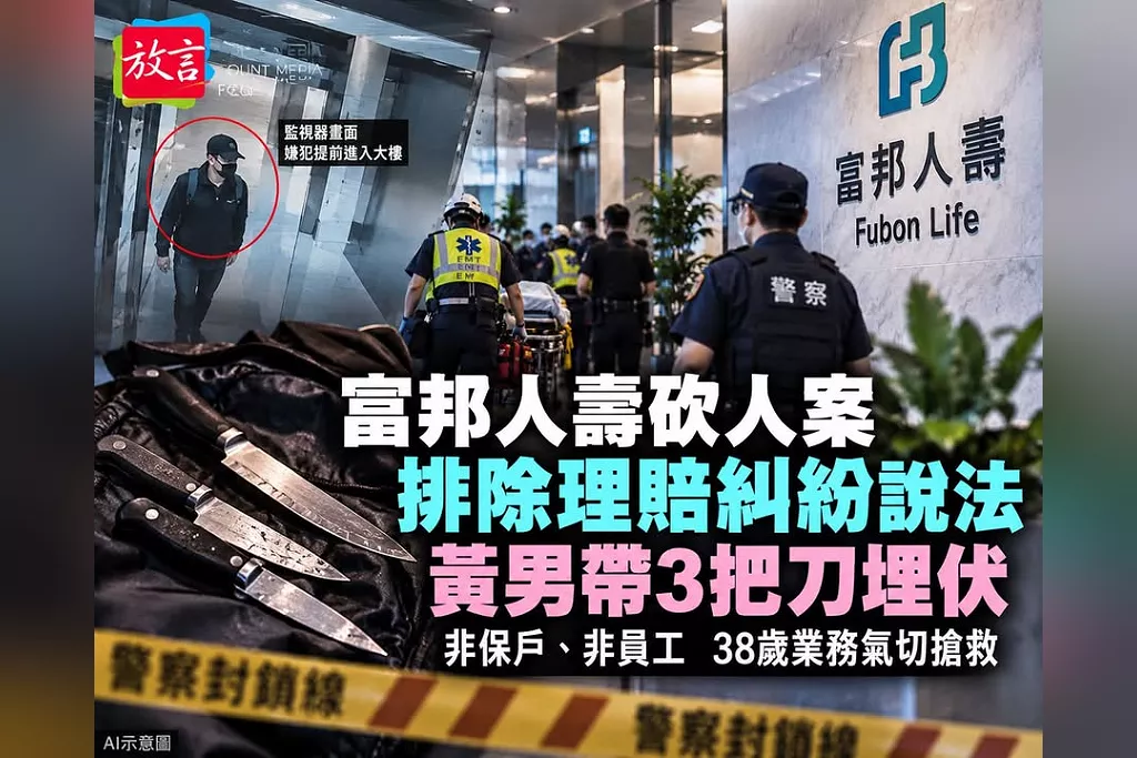 富邦人壽砍人案排除早期「理賠糾紛」說法！黃男非保戶、帶3把刀等候數小時　38歲業務氣切搶救