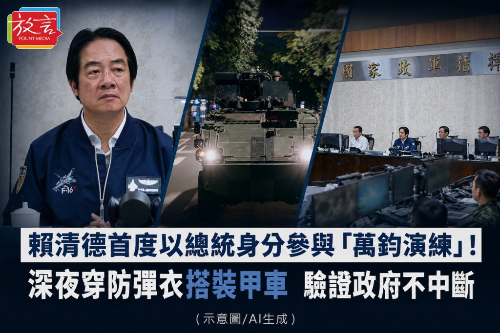 賴清德首度以總統身分參與「萬鈞演練」！深夜穿防彈衣搭裝甲車　驗證政府不中斷