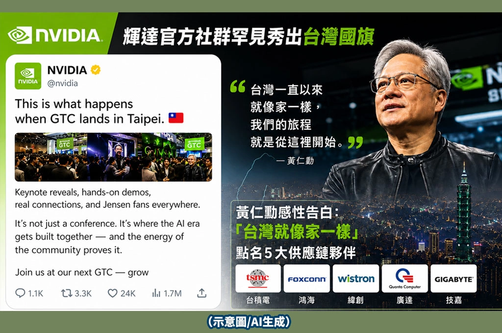 「台灣就像家一樣！」黃仁勳回顧訪台行　輝達官方罕見秀出台灣國旗