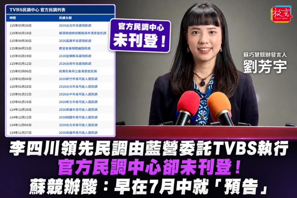 李四川領先民調由藍營委託TVBS執行 官方民調中心卻未刊登！蘇競辦酸：早在7月中就「預告」