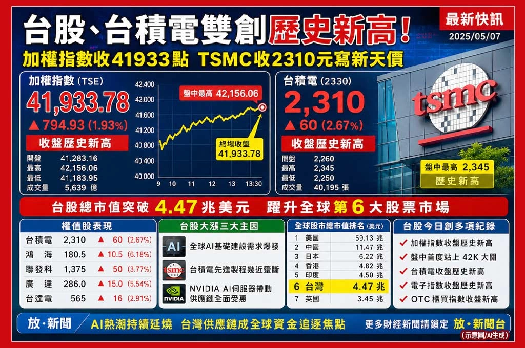 台股、台積電今日收盤雙創歷史新高！加權指數收41933點　TSMC收2310元寫新天價