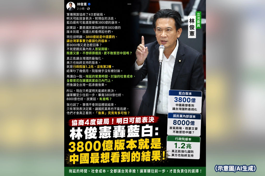 軍購協商4度破局！林俊憲轟藍白「拖時間搞內鬥」：3800億版本就是中國最想看到的結果