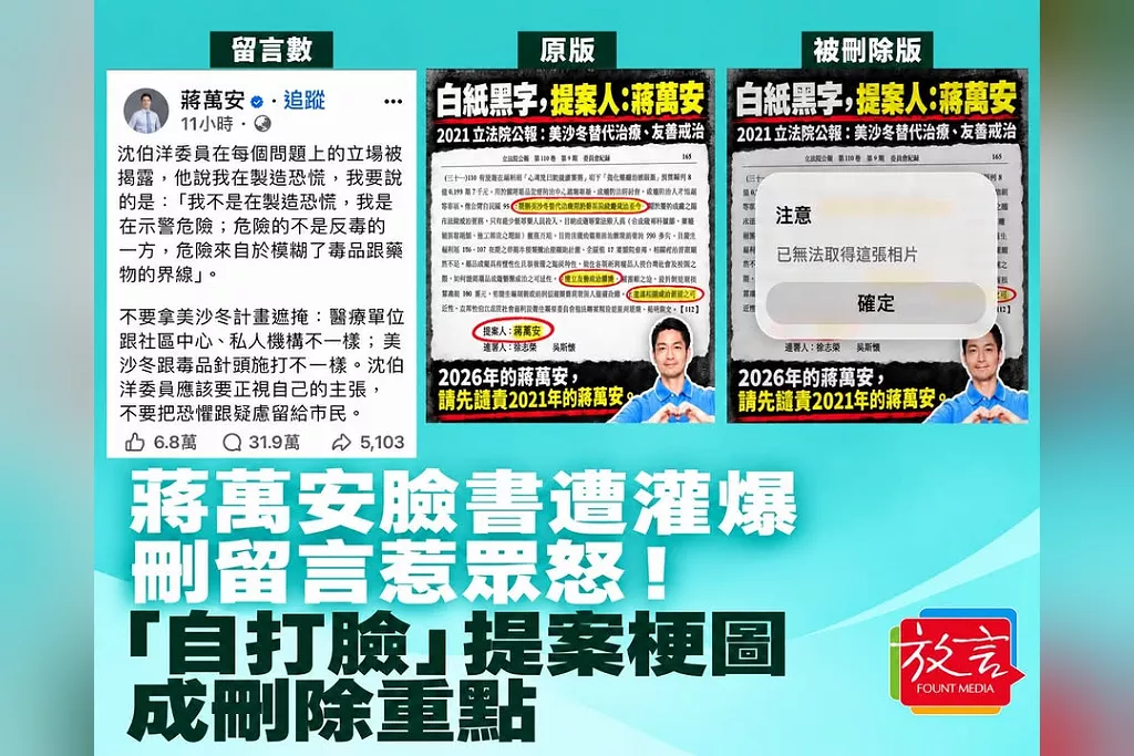 蔣萬安臉書遭灌爆，刪留言惹眾怒！發文11小時留言逾31.9萬則、達按讚數近5倍　圖片幾乎全刪光，「自打臉」提案梗圖成刪除重點