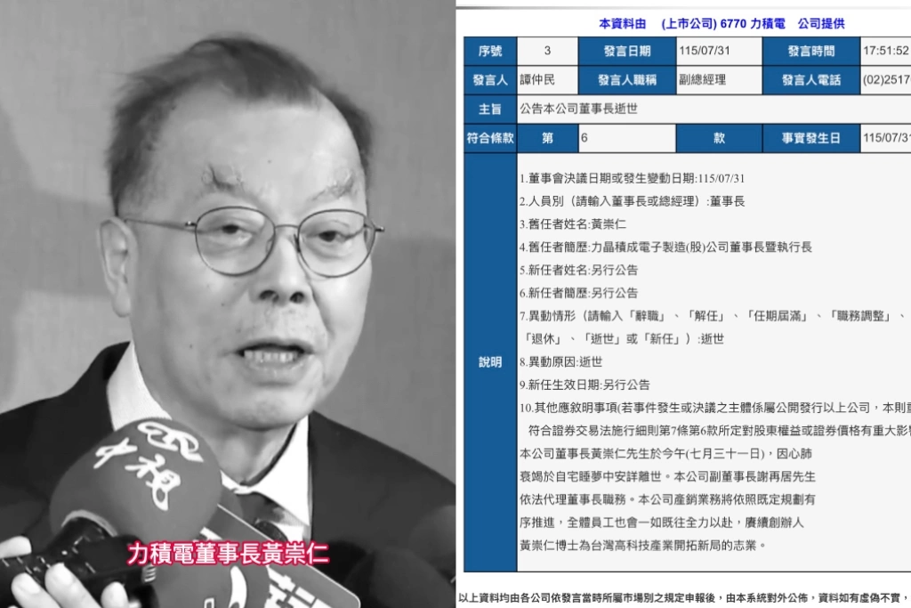 7月14日才出席法說會！力積電董事長黃崇仁睡夢中辭世　「九命怪貓」告別半導體業