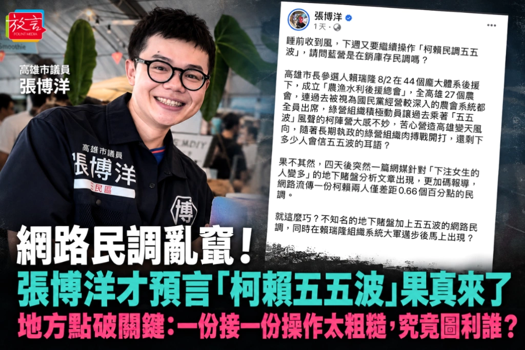 網路民調亂竄！張博洋才預言「柯賴五五波」果真來了 地方點破關鍵：一份接一份操作太粗糙，究竟圖利誰？
