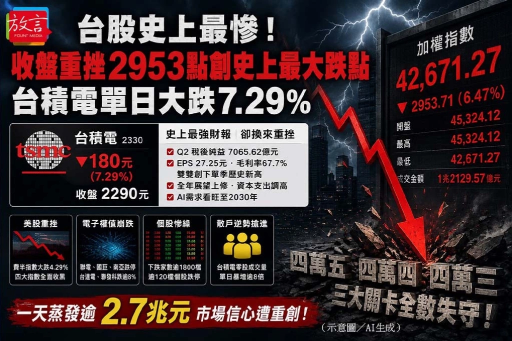 《放．新聞》台股史上最慘！收盤暴跌2953點創最大跌點　台積電重挫7.29%、一天拖垮大盤逾1300點