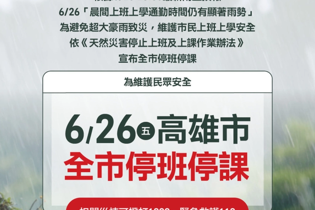 晨間通勤時段雨勢顯著　高雄市26日停班課