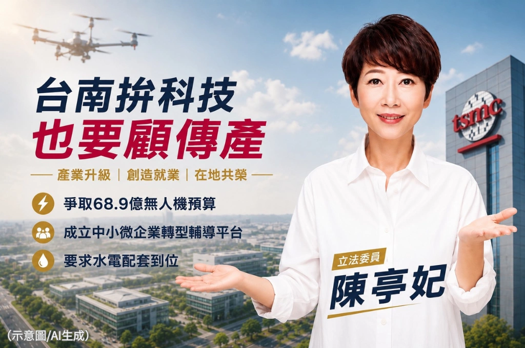 台南拚科技也要顧傳產!陳亭妃爭取68.9億無人機預算、推中小微企業轉型輔導平台