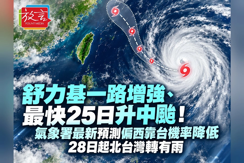 舒力基一路增強、最快25日升中颱！氣象署最新預測偏西靠台機率降低　28日起北台灣轉有雨