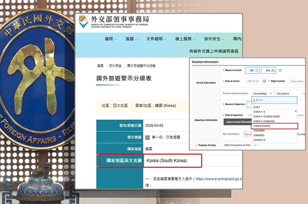 外交部反擊韓國稱台「CHINA（TAIWAN）」、韓僑居留證改稱「南韓」：限月底前更正