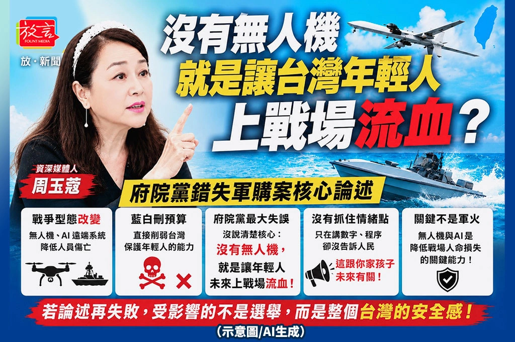 沒有無人機　就是讓台灣年輕人上戰場流血？！ 周玉蔻批府院黨錯失軍購案核心論述