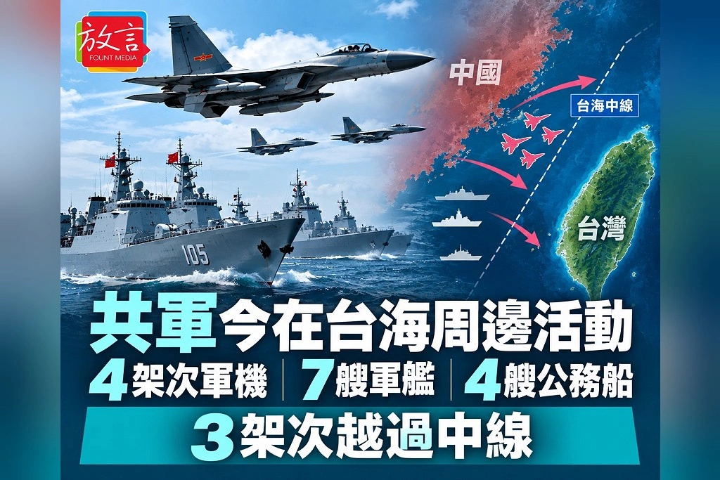 共軍4架次軍機、7艘軍艦、4艘公務船在台海周邊活動 3架次越過中線